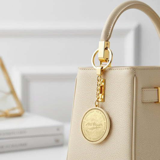 Schlüsselanhänger, goldfarben, Heritage, große Waschmünze Nr. 3 an Damenhandtasche