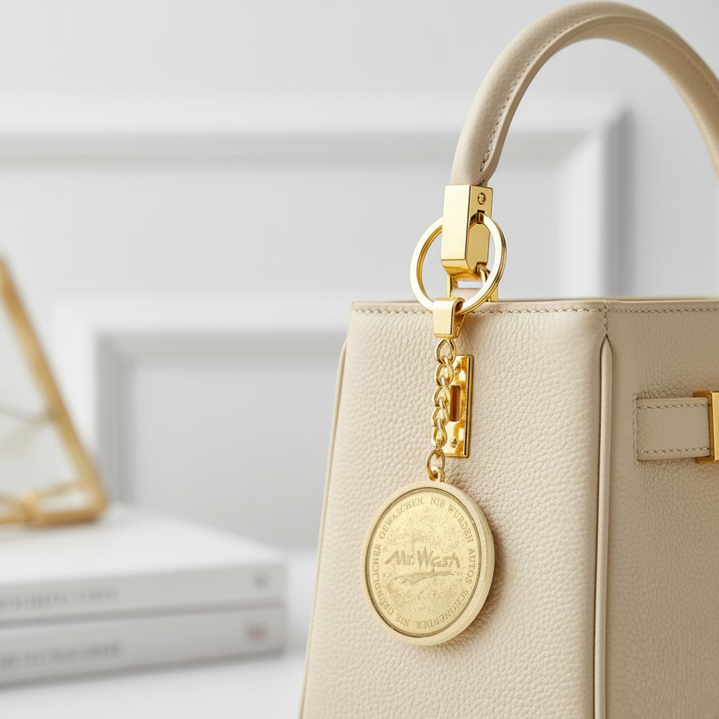 Schlüsselanhänger, goldfarben, Heritage, große Waschmünze Nr. 3 an Damenhandtasche